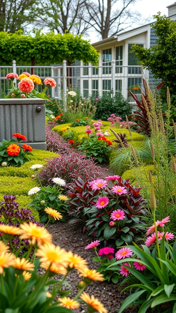 A colorful garden filled with various flowers, showcasing seasonal plant displays.