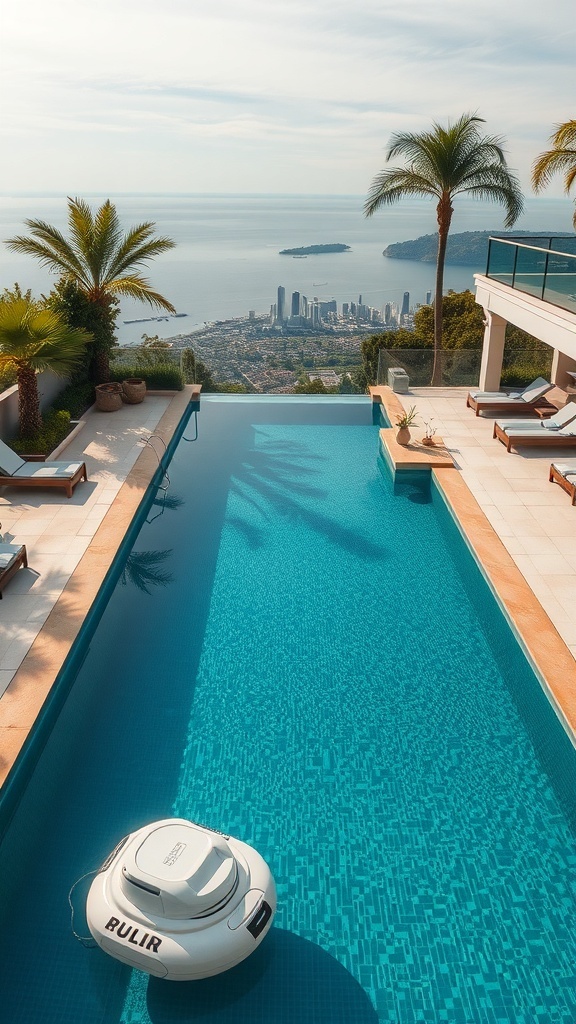 Luxuriöser Swimmingpool mit automatischem Poolreiniger und Blick auf die Stadt