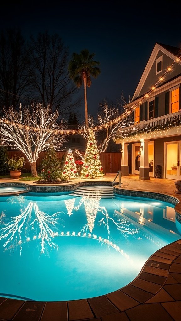 A beautifully decorated swimming pool at night with festive lights and trees, creating a winter wonderland theme.