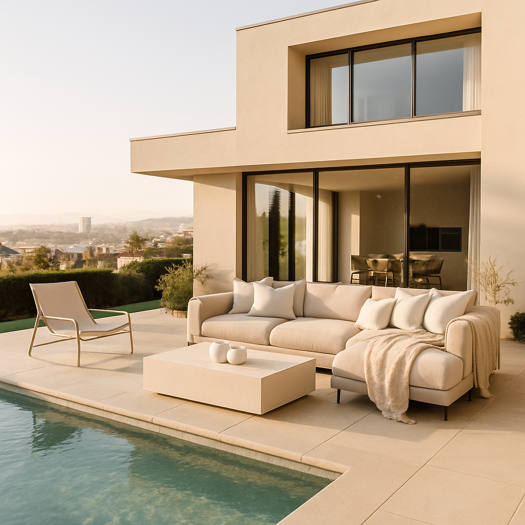 Moderner Pool mit eleganter Terrasse und bequemen Möbeln