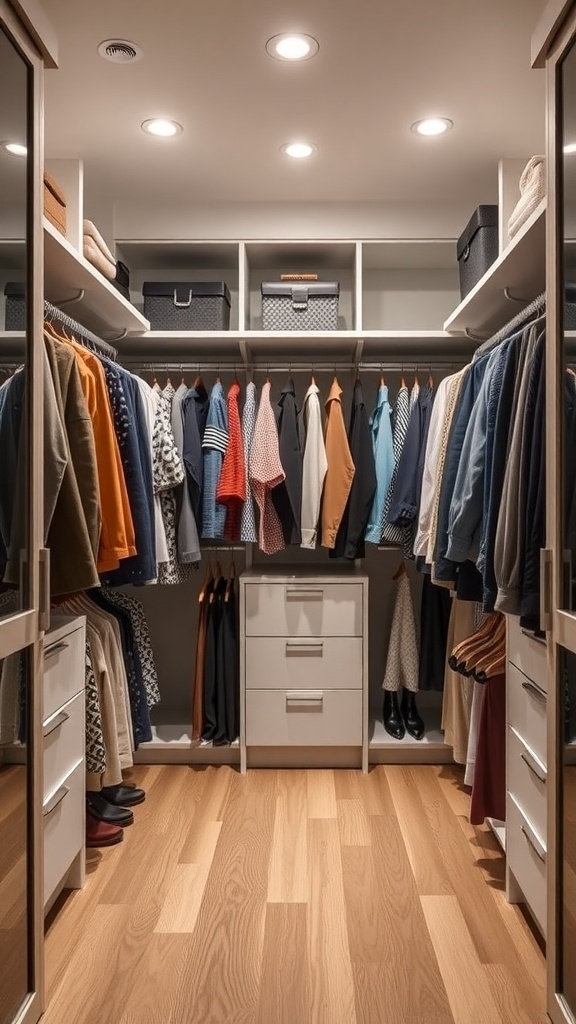 A well-organized walk-in closet with seasonal clothing, shelves, and drawers.