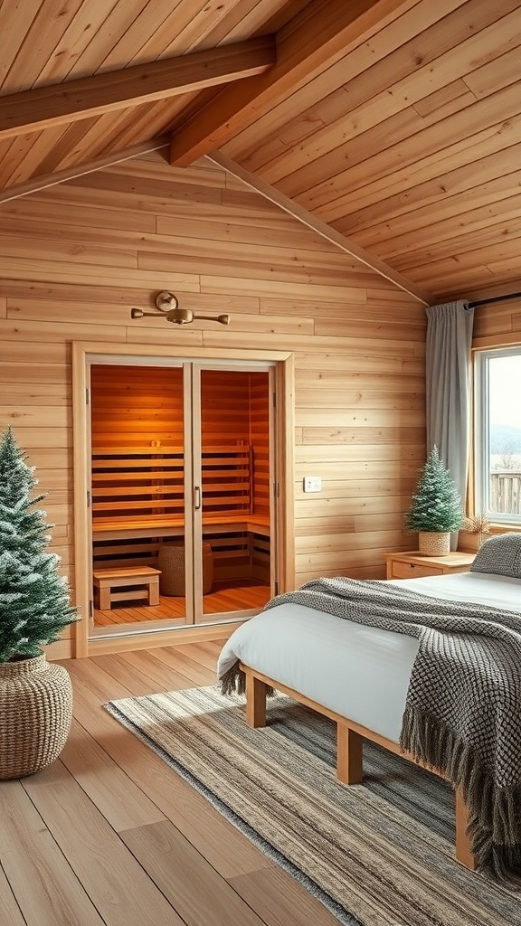 Cozy bedroom with an attached sauna, featuring wooden walls and seasonal decor.