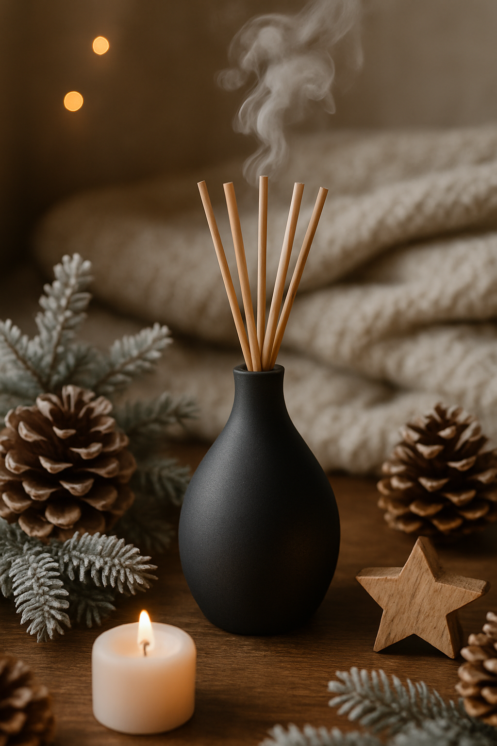 A cozy living room with a scent diffuser on a wooden table, a Christmas tree in the background, and a soft couch with a blanket.