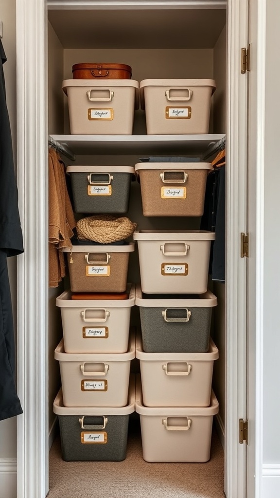 Organized closet with labeled storage bins stacked on shelves