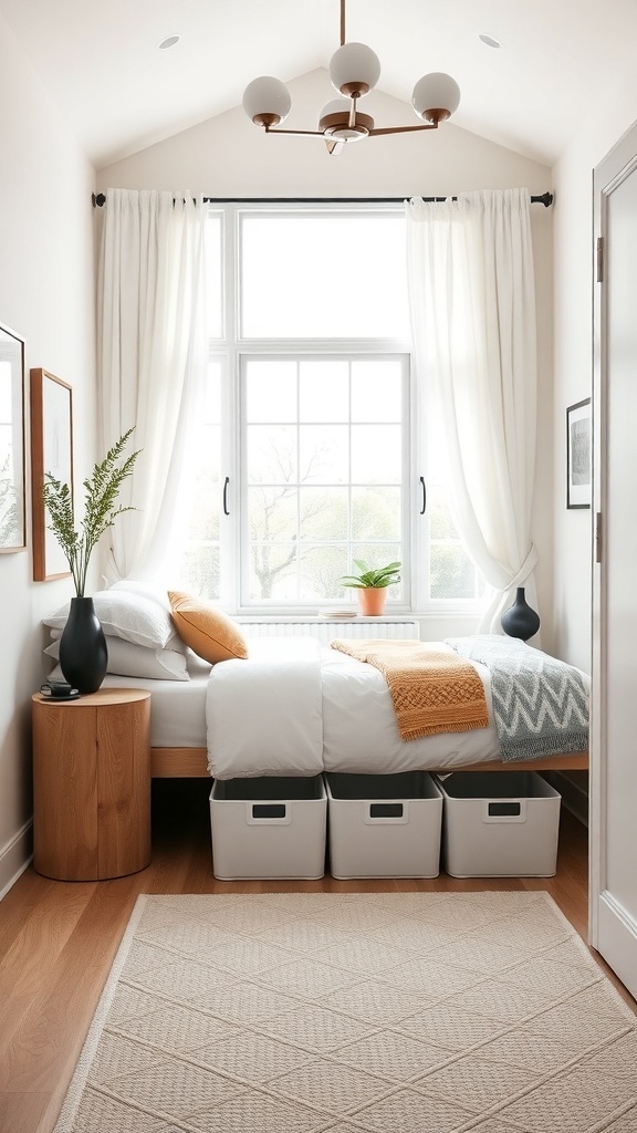 A cozy bedroom with a bed, decorative pillows, and under-bed storage bins.