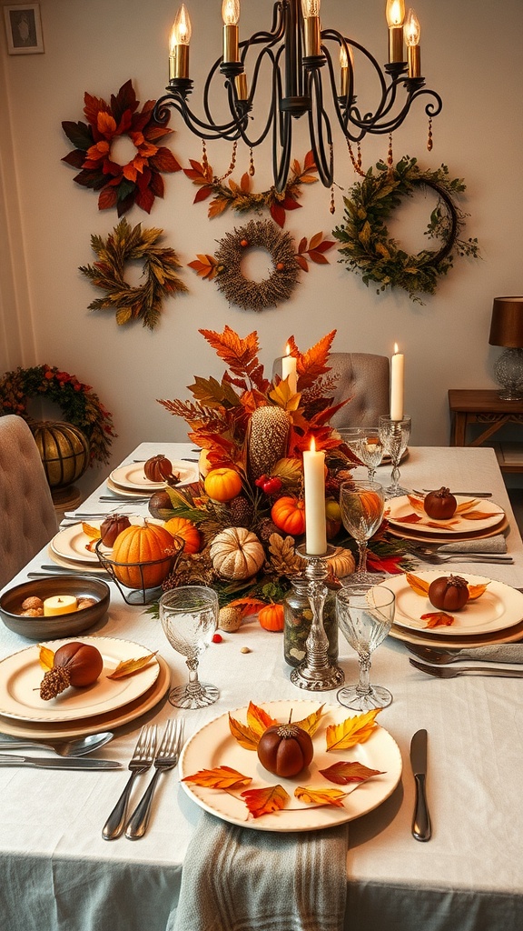 A beautifully arranged seasonal table setting with pumpkins, leaves, and candles.