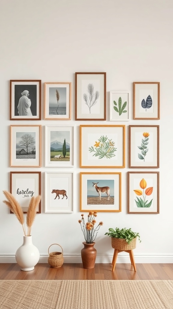 A gallery wall featuring framed art of nature and wildlife, with decorative elements like a vase and plants.