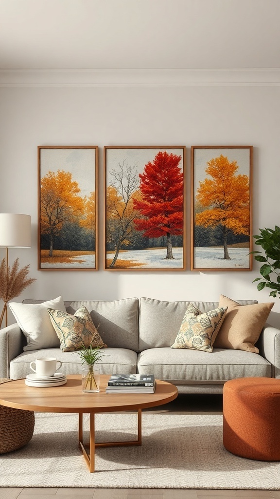 Three autumn-themed wall paintings featuring colorful trees in a cozy living room setting.
