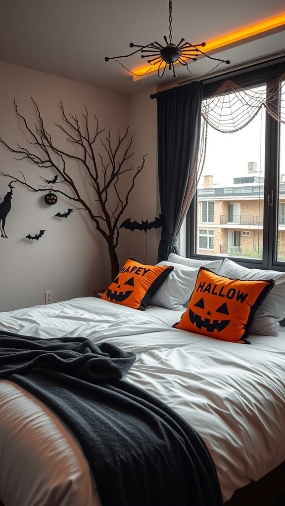 Ein Schlafzimmer mit Halloween-Dekoration, einschließlich orangefarbener Kissen mit gruseligen Gesichtern.