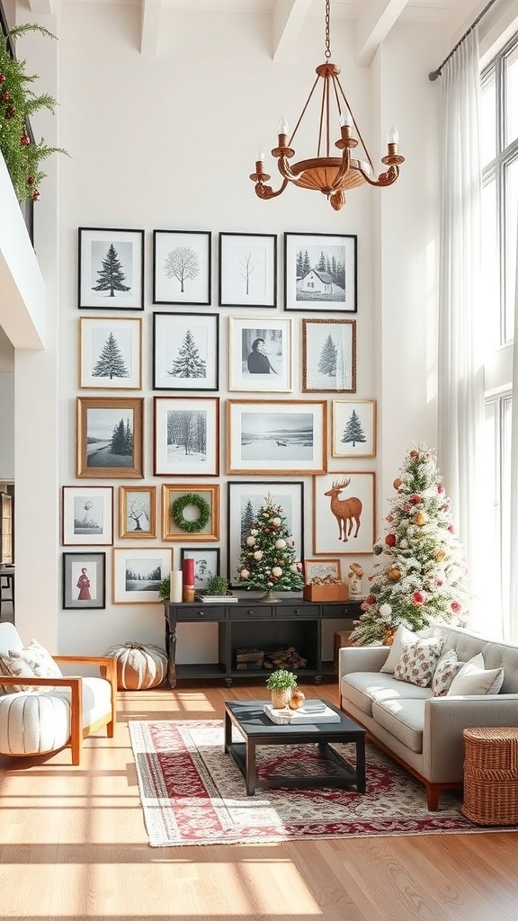 A cozy living room with seasonal wall art, featuring framed winter scenes and two decorated Christmas trees.