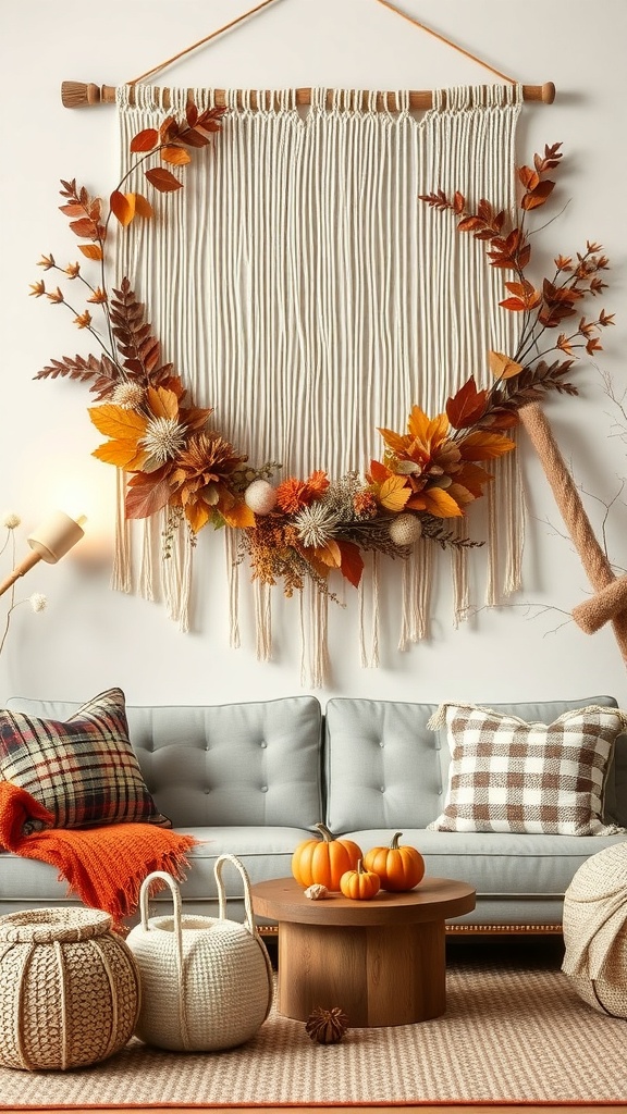A cozy living room with a macrame wall hanging adorned with autumn leaves and flowers.
