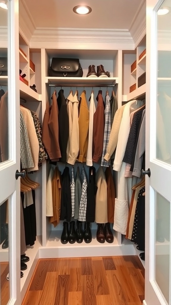 A cozy walk-in closet with organized clothing and accessories.