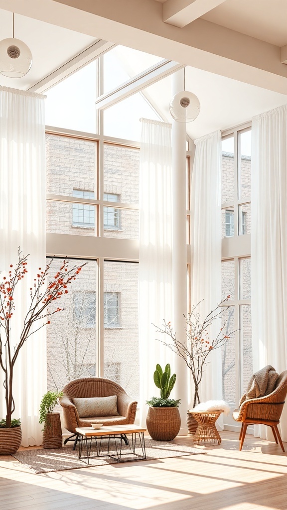 Bright living room with large windows, sheer curtains, and decorative plants.