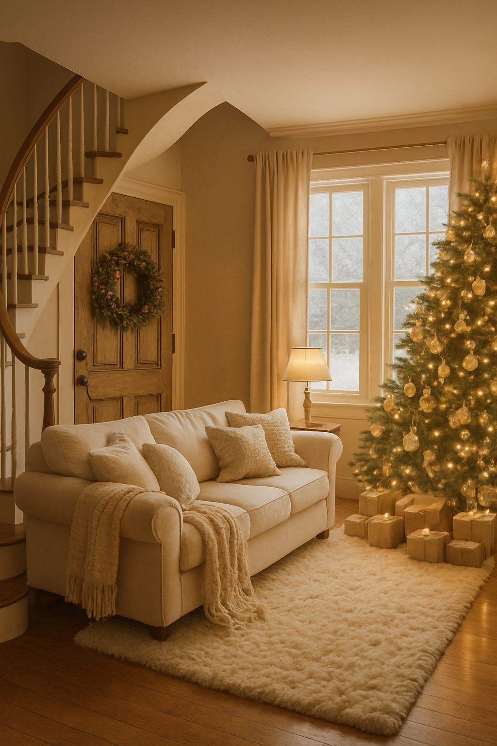 A cozy living room with a seasonal wreath on the door, a Christmas tree, and warm lighting.