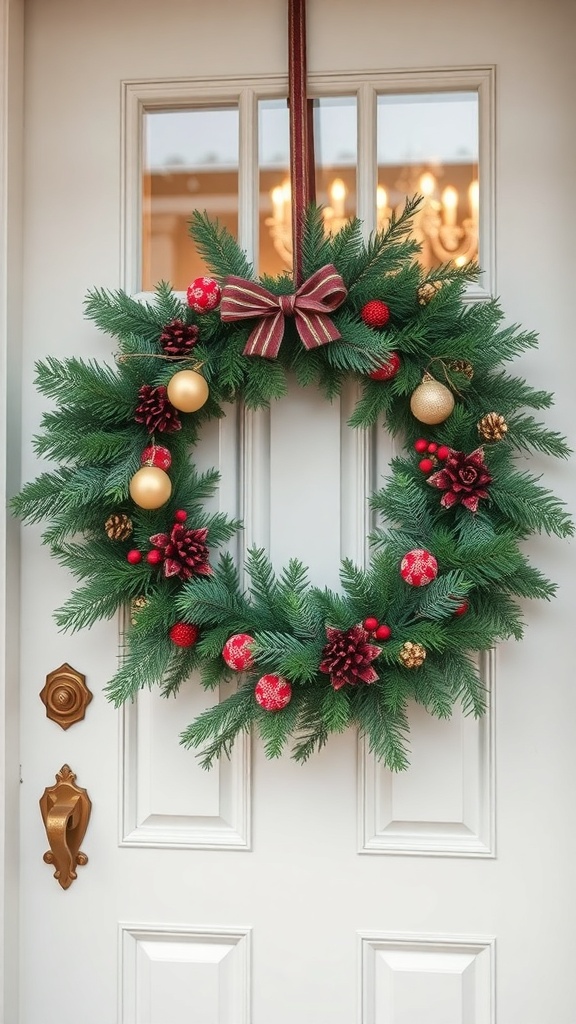 A festive green wreath with red and gold ornaments and a bow, hanging on a white door.