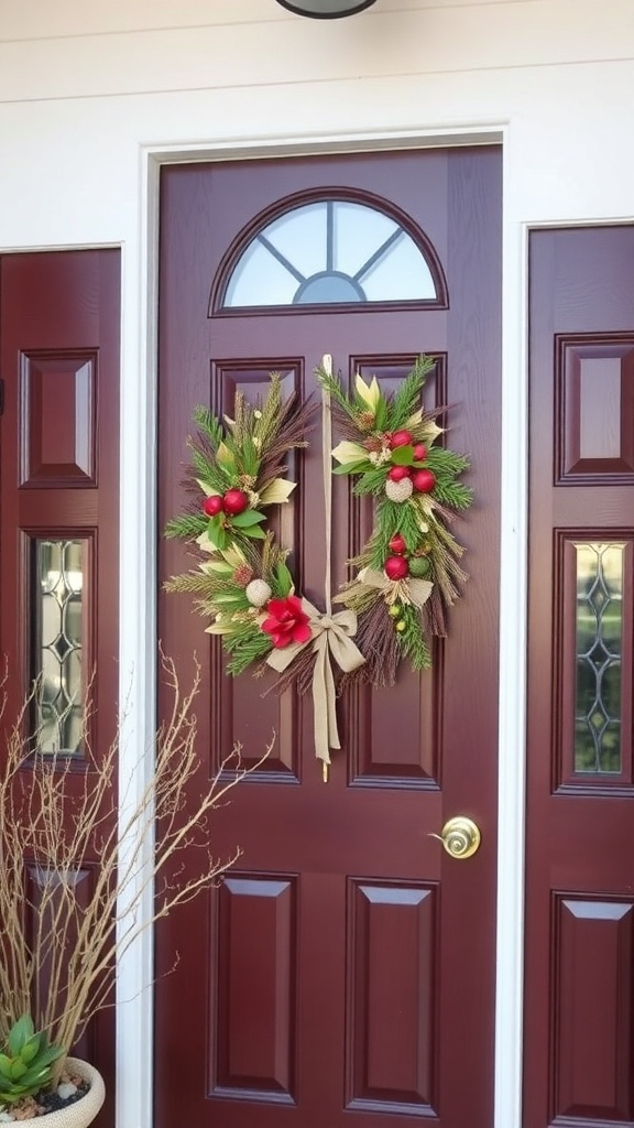 A beautiful seasonal wreath adorned with red flowers and greenery on a front door.