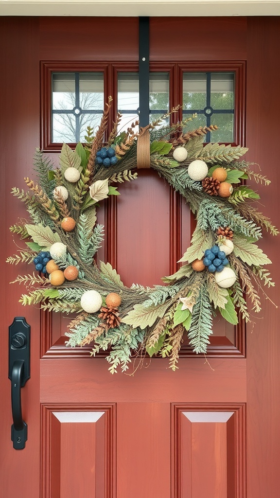 A beautiful wreath made from natural materials, featuring leaves, pinecones, and colorful decorative balls, hanging on a red door.