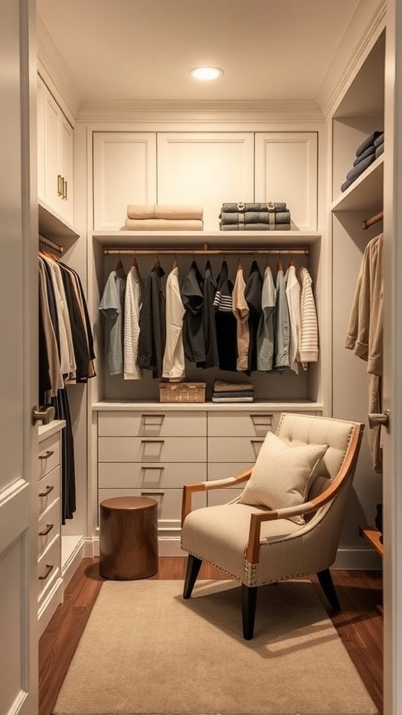 A cozy walk-in closet featuring a stylish chair and organized clothing storage.