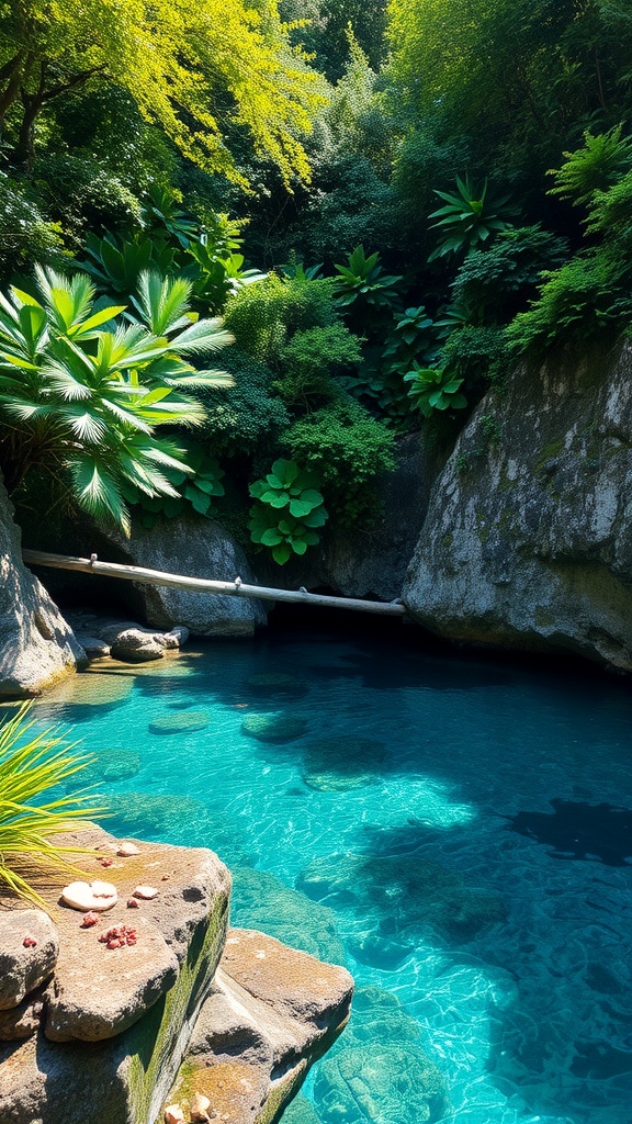 A secluded cove with crystal clear water surrounded by lush greenery and smooth rocks.