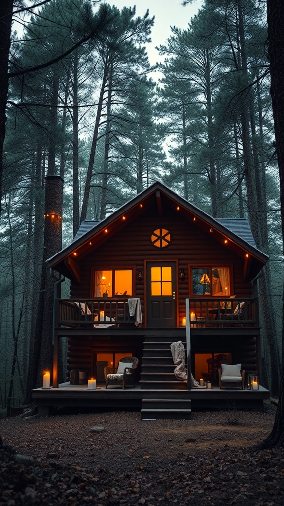 A cozy cabin in a forest, illuminated by warm lights, surrounded by tall trees.