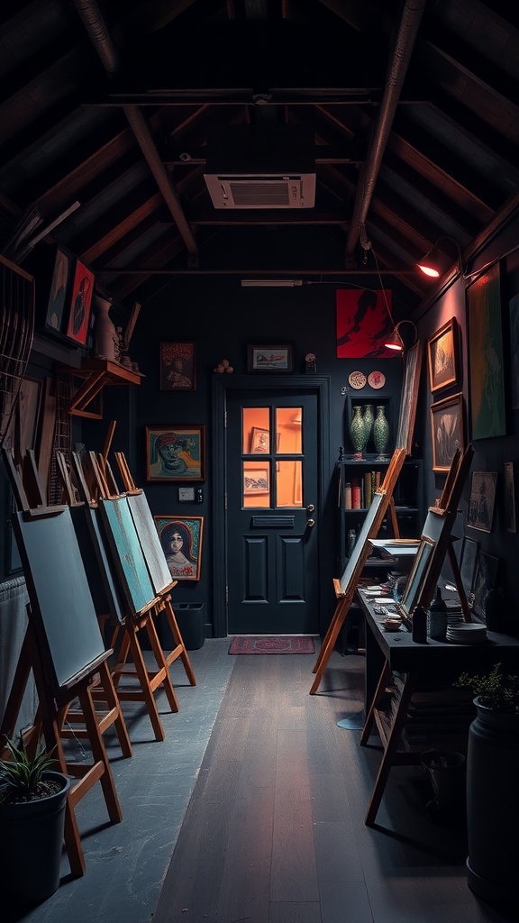 A cozy art studio with easels, dark walls, and various artworks displayed.