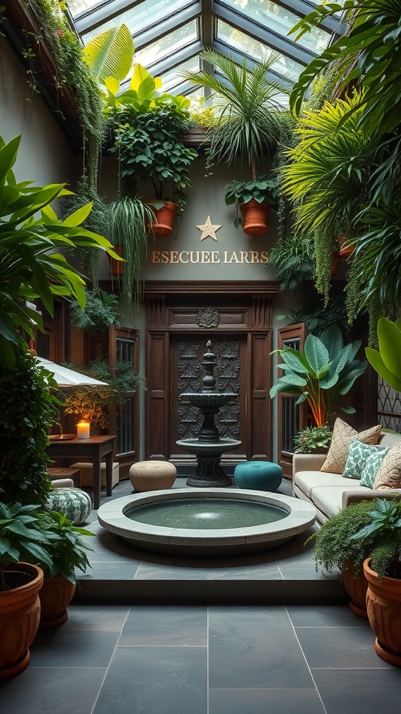 A cozy indoor garden with lush plants, a fountain, and comfortable seating.