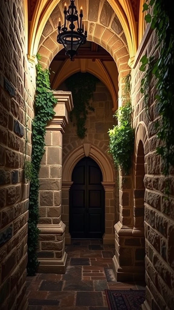 A dimly lit stone corridor with greenery and a dark door, evoking a secret passage.