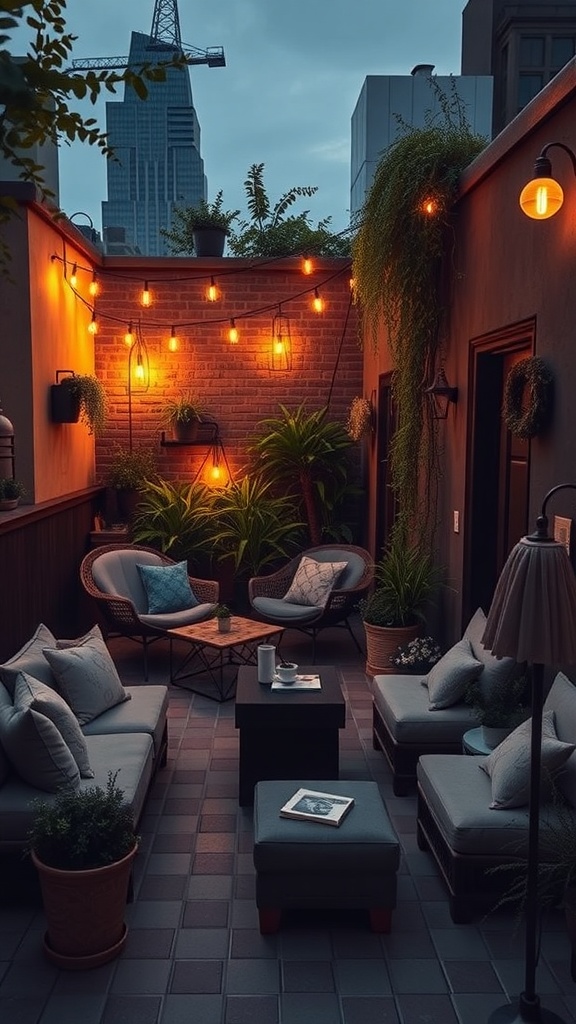 Cozy rooftop space with soft lighting, plants, and comfortable seating.