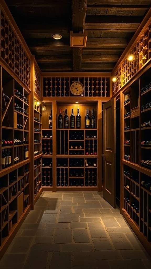 A cozy secret wine cellar featuring wooden shelves filled with wine bottles, warm lighting, and stone flooring.