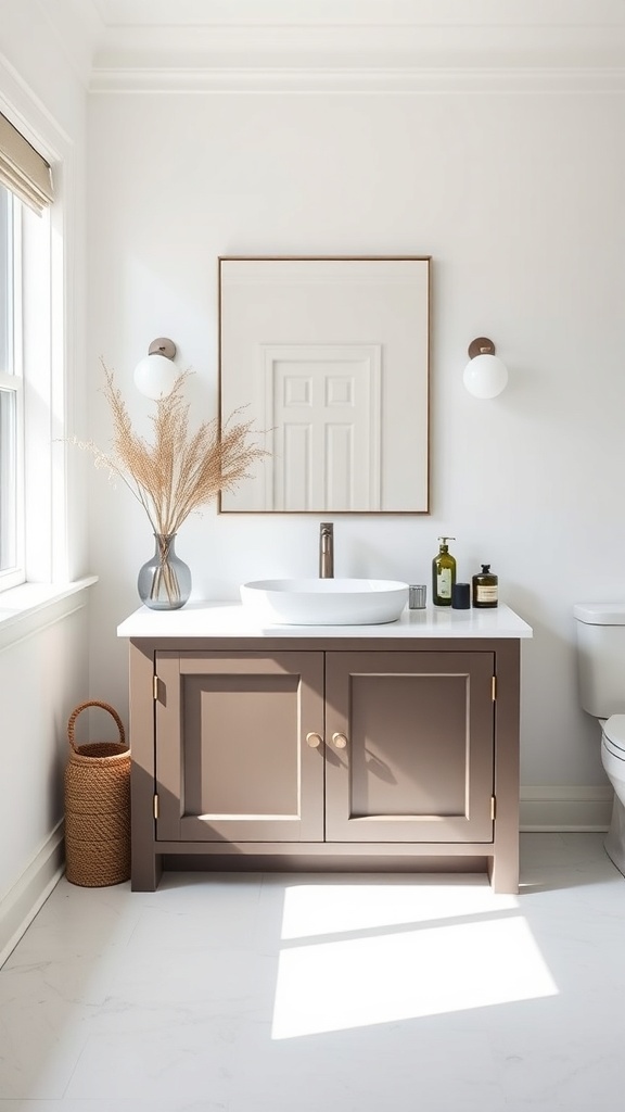 Minimalist cottage bathroom with a simple brown vanity, modern sink, and natural decor.