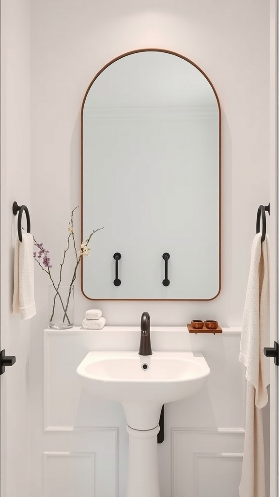 A minimalist cottage bathroom featuring a statement mirror with an arch design and wooden frame above a sink.