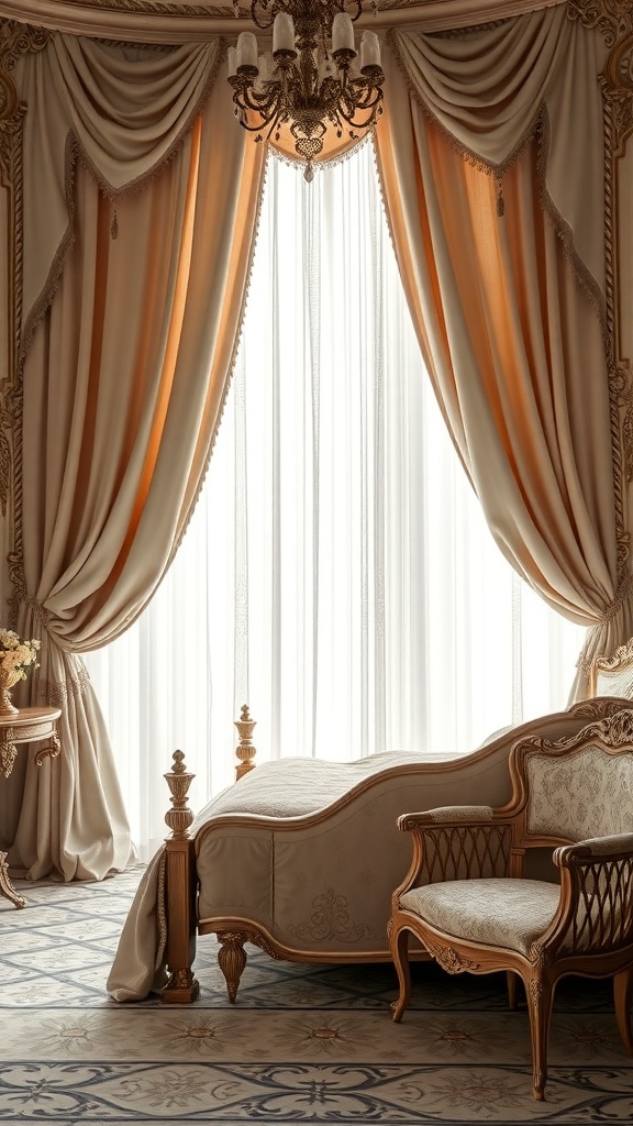 A Rococo bedroom featuring elegant curtains, a chandelier, and luxurious furniture.