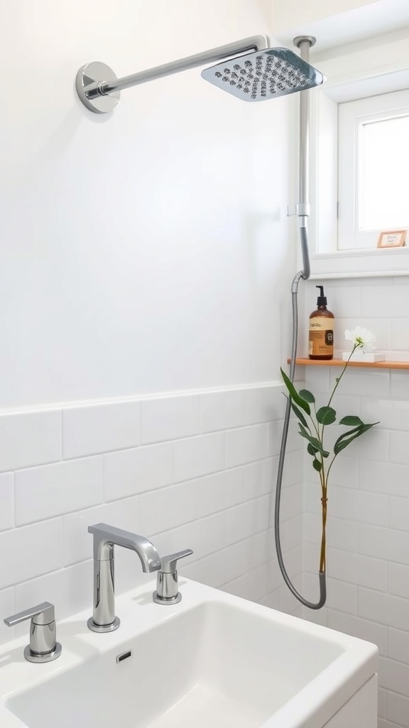 A minimalist bathroom featuring a modern showerhead and sleek sink faucet with a small plant decoration.