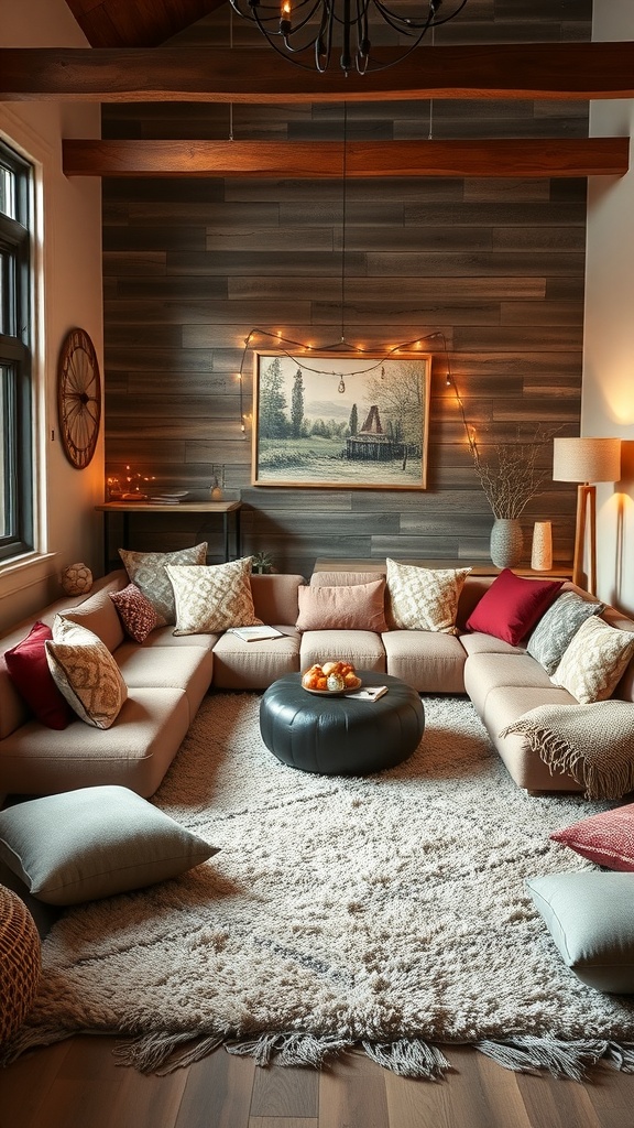 A cozy sunken lounge featuring a soft shaggy rug, cushions, and warm lighting.