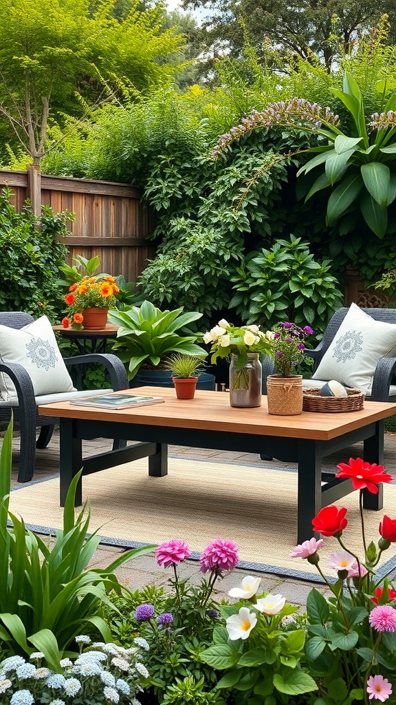 Cozy outdoor coffee table surrounded by lush greenery and colorful flowers.