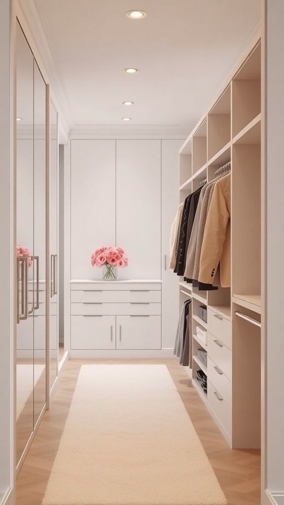 A modern walk-in closet featuring light colors, organized shelves, and pink flowers.