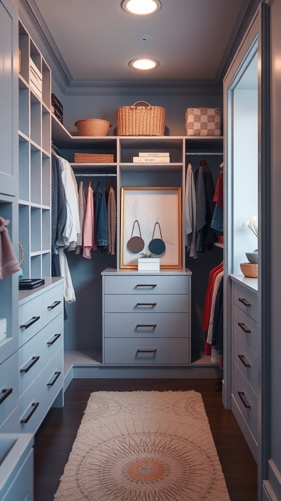 A stylish walk-in closet featuring gray cabinetry, organized clothing, and warm lighting.