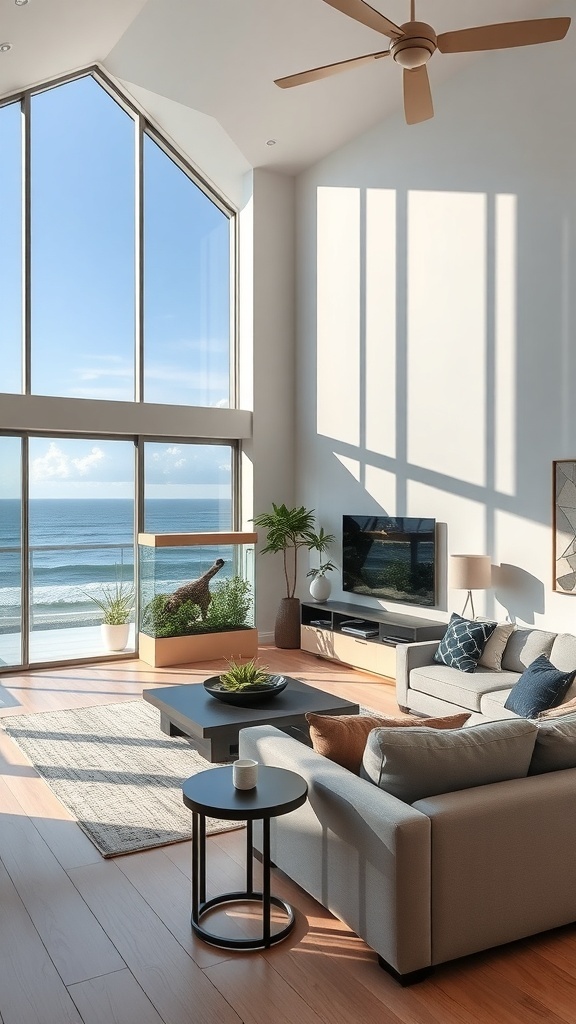 A stylish living room featuring a large aquarium, large windows, and a view of the ocean.
