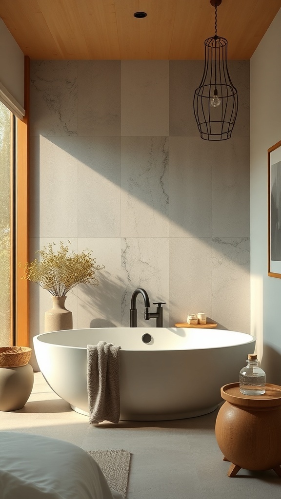A serene bathing nook featuring a freestanding tub, natural light, and minimalist decor.
