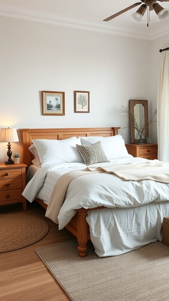 A serene bedroom featuring soft textiles, wooden furniture, and warm lighting.