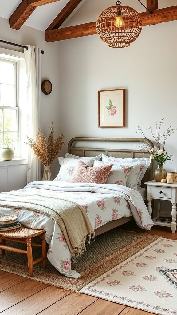 A serene bedroom featuring floral bedding, wooden beams, and soft textiles.