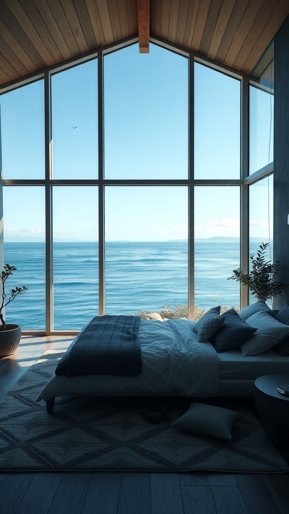 A serene bedroom with large windows overlooking the ocean, featuring cozy bedding and a wooden ceiling.