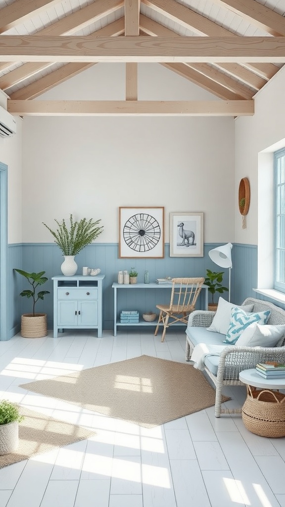 A serene interior featuring coastal blues and whites, with wooden beams and natural light.