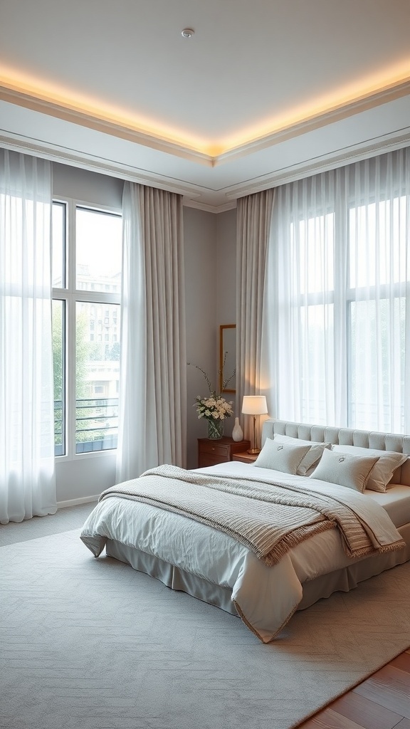 A luxurious bedroom featuring soft beige bedding, sheer curtains, and natural light.