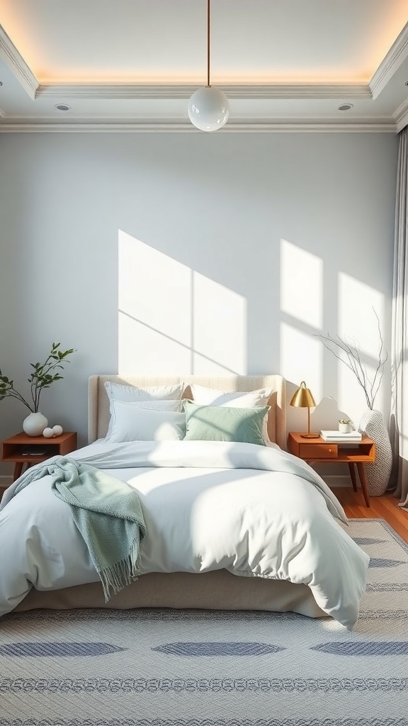 A serene bedroom with soft colors, featuring a cozy bed and natural light.