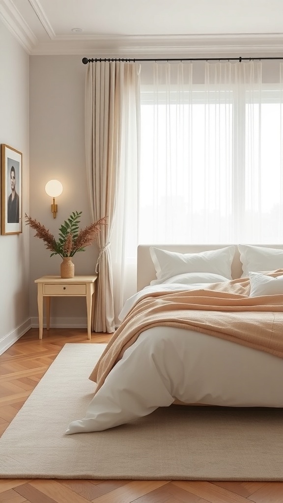 A serene bedroom with soft white and beige colors, featuring light curtains, a plant, and cozy bedding.