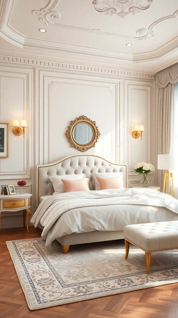 A serene bedroom with a neutral color palette featuring a tufted bed, soft bedding, and elegant decor.