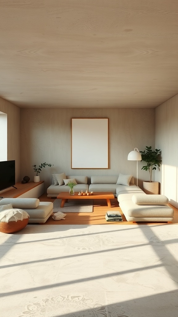 A serene meditation corner with a sunken couch, wooden coffee table, and plants, bathed in natural light.