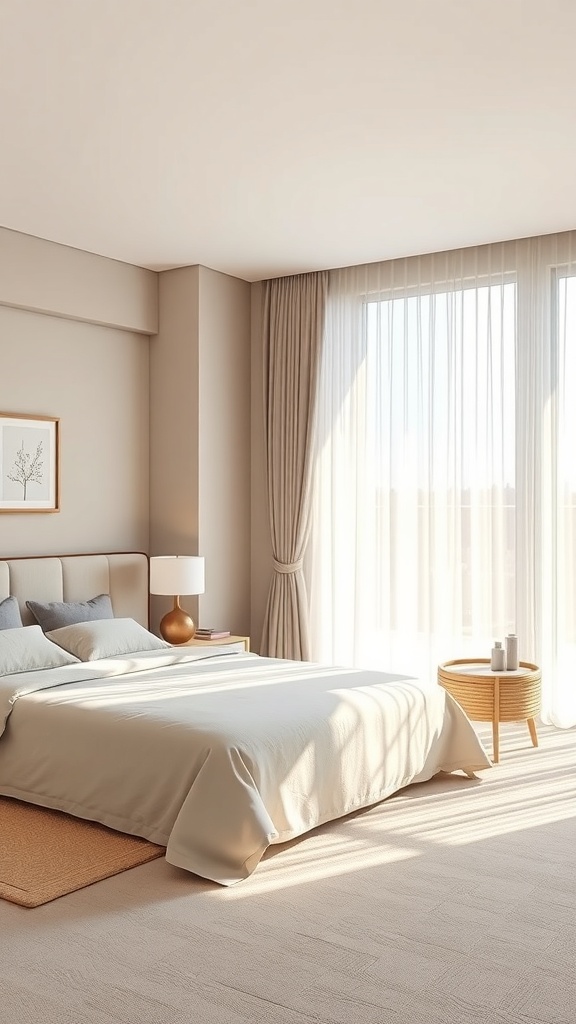 A serene bedroom with neutral color palette, featuring a bed, nightstand, and large windows with sheer curtains.