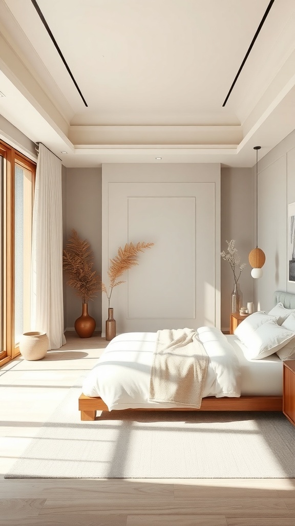 A serene Japandi bedroom featuring neutral colors, wooden accents, and natural light.